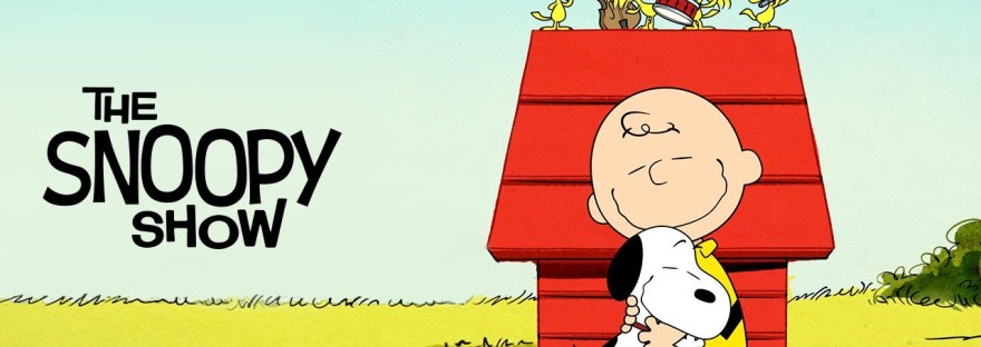 Charlie Brown hugs Snoopy outside.